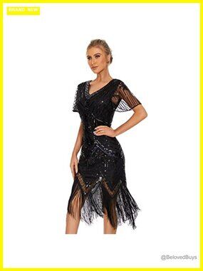 1920s Flapper Sequin Dress V Neck Tassel Hem Gatsby Party Roaring 20s